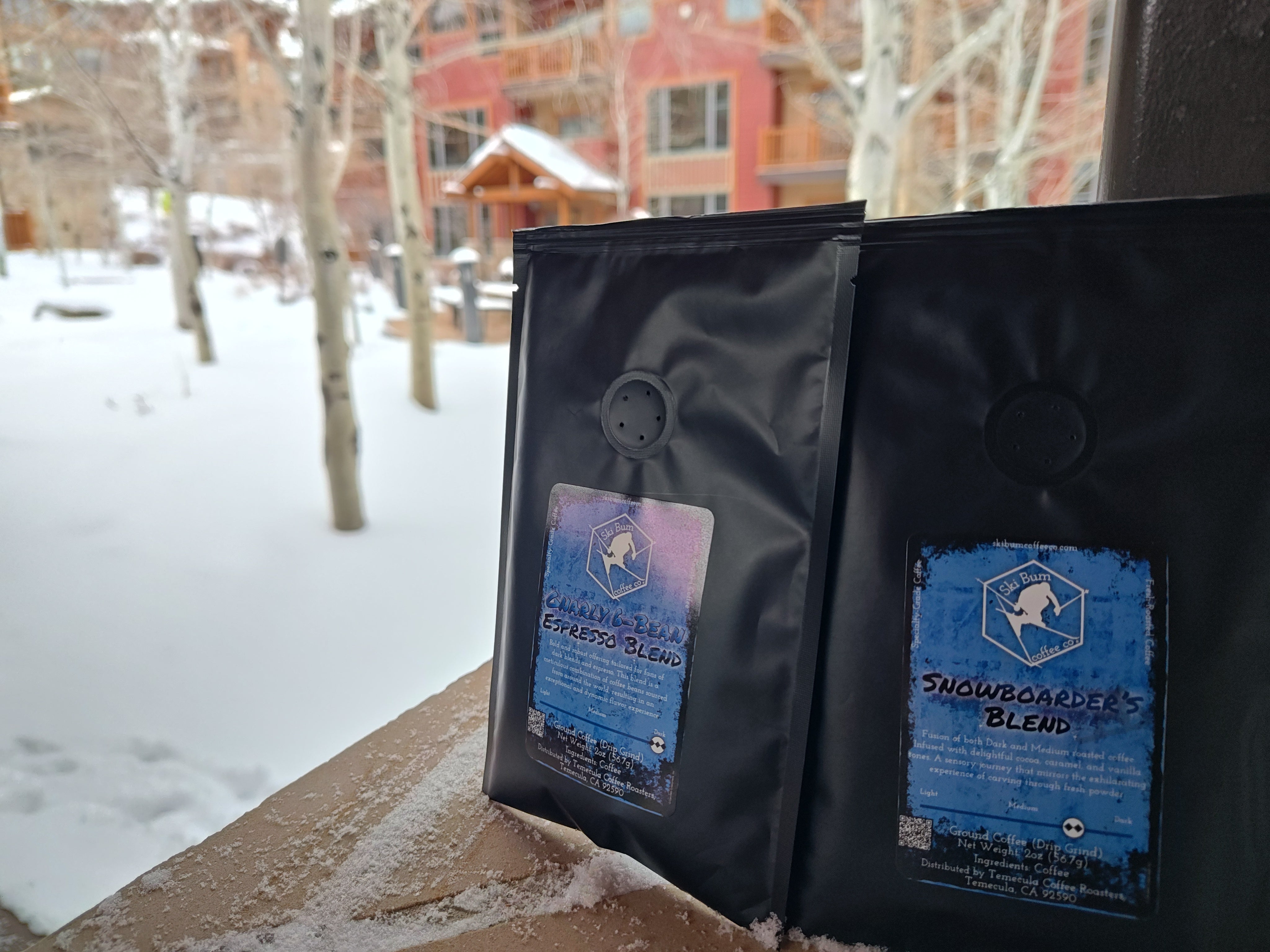 Two 2oz packets of coffee, Gnarly 6-Bean Espresso Blend and Snowboarder's Blend