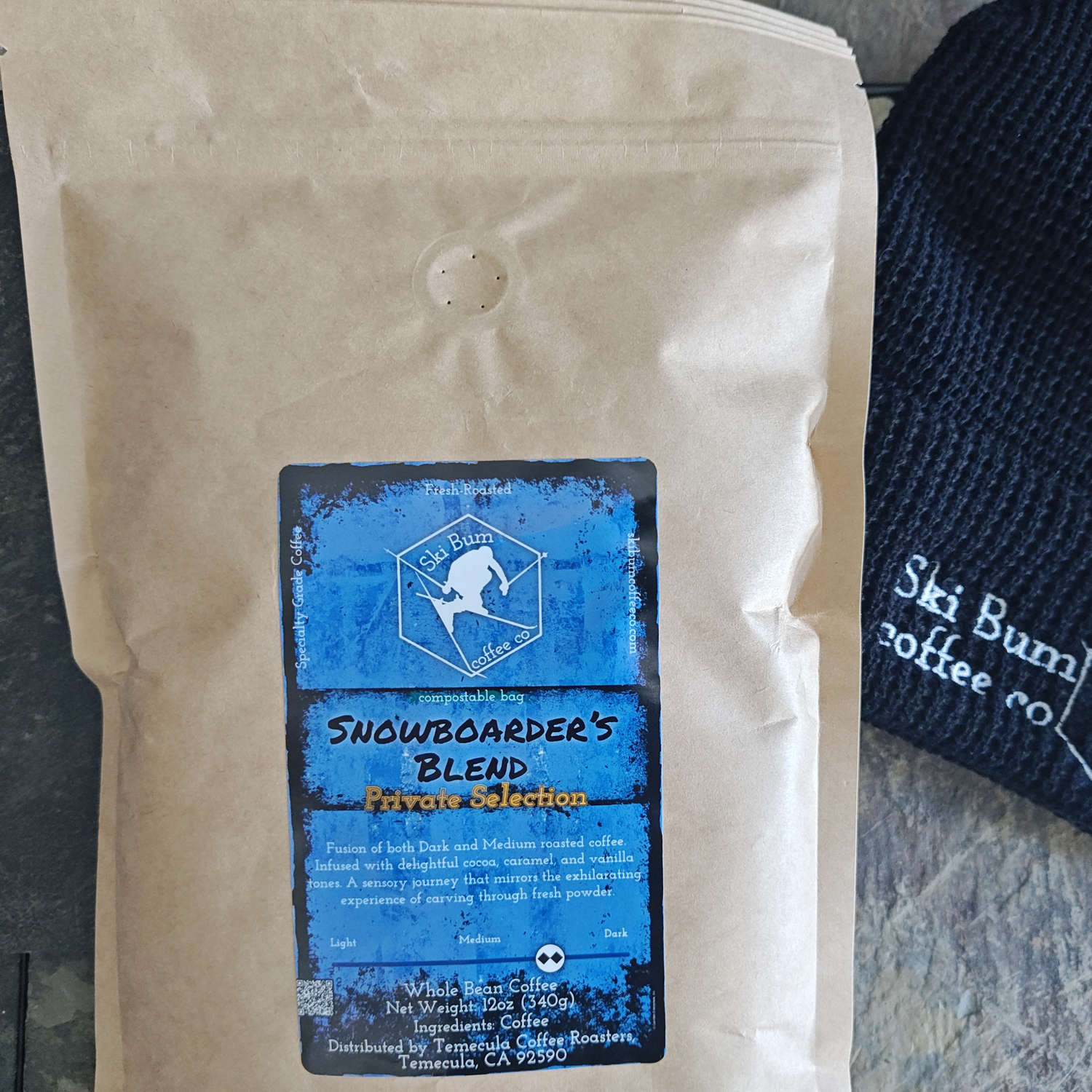 Snowboarder's Blend - Private Selection (shown in as Whole Bean, 12oz Compostable Bag; picture is from July 2024)