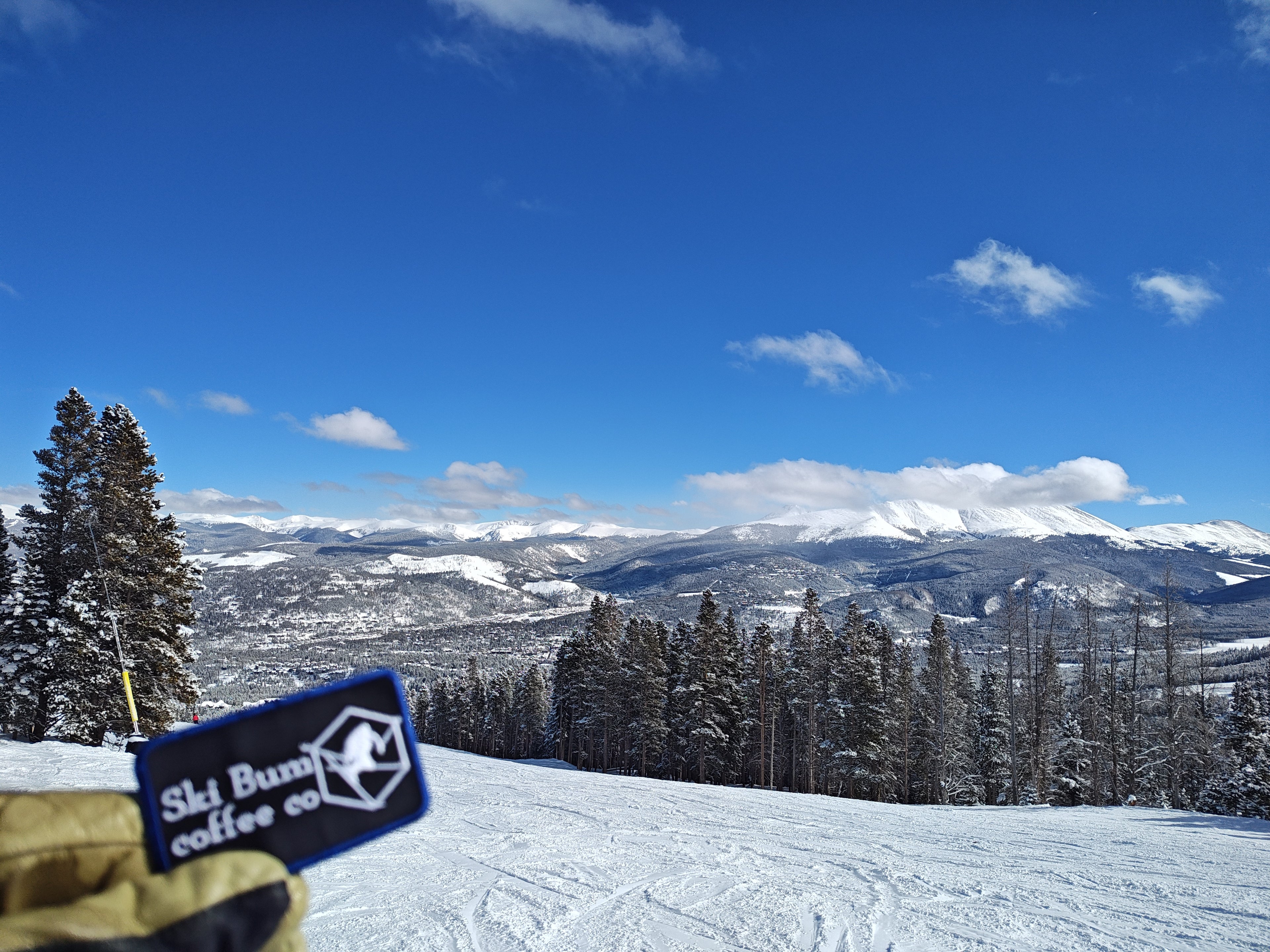 Ski resort with snow-covered mountains and trees under a clear blue sky.