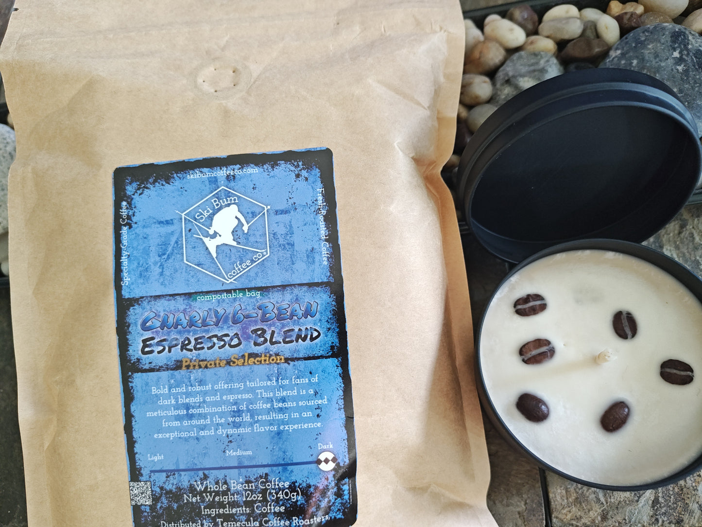 Gnarly 6-Bean Espresso Blend bundle: coffee & candle