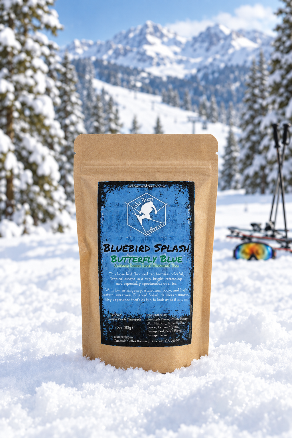 Bluebird Splash Butterfly Blue tea pouch in a snowy ski mountain scene