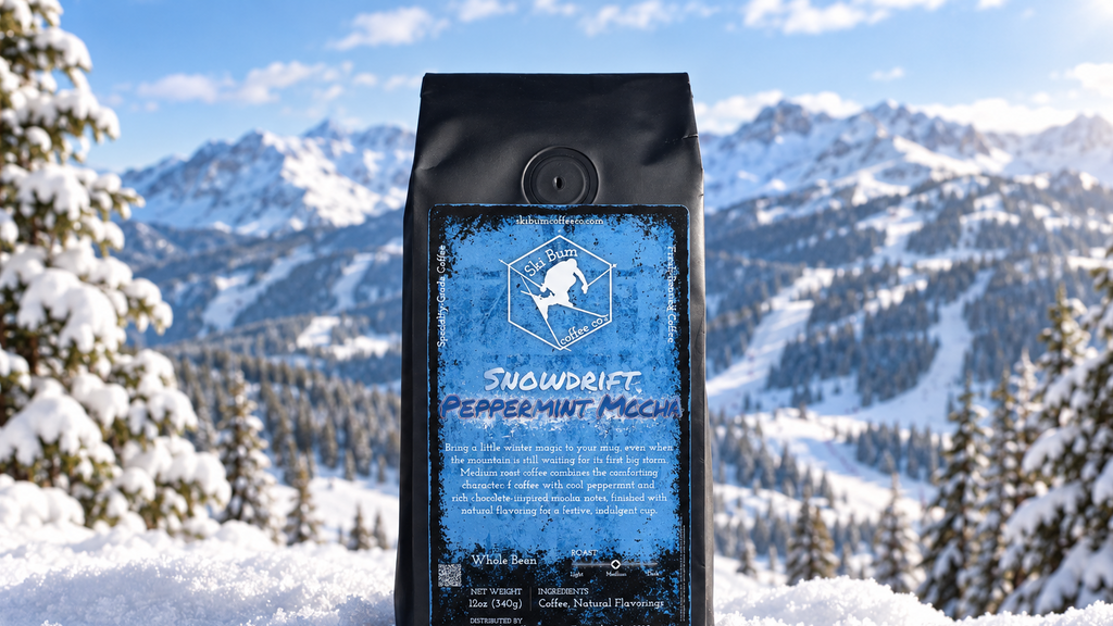 Landscape Snowdrift Peppermint Mocha product scene in snowy ski mountains