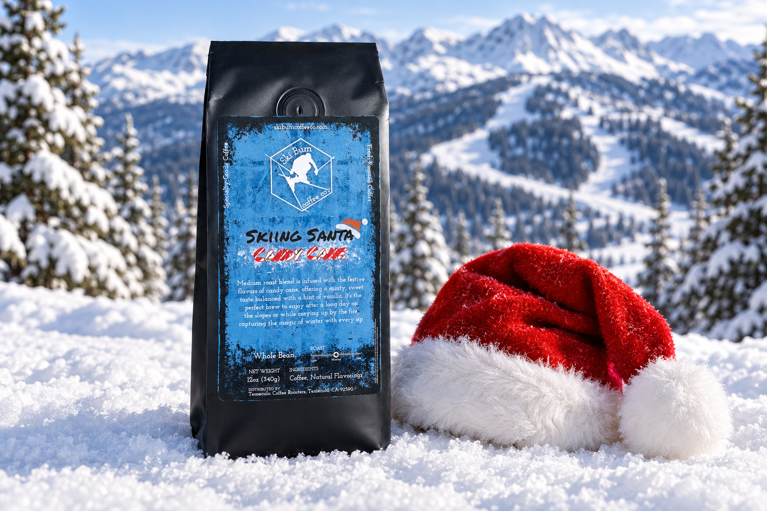 Skiing Santa Candy Cane coffee bag with a Santa hat beside it in a snowy ski mountain scene